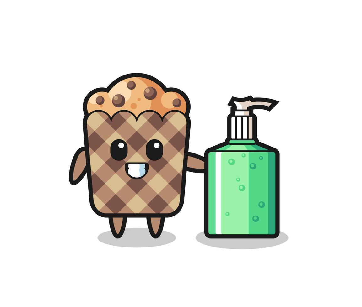 cute muffin cartoon with hand sanitizer vector