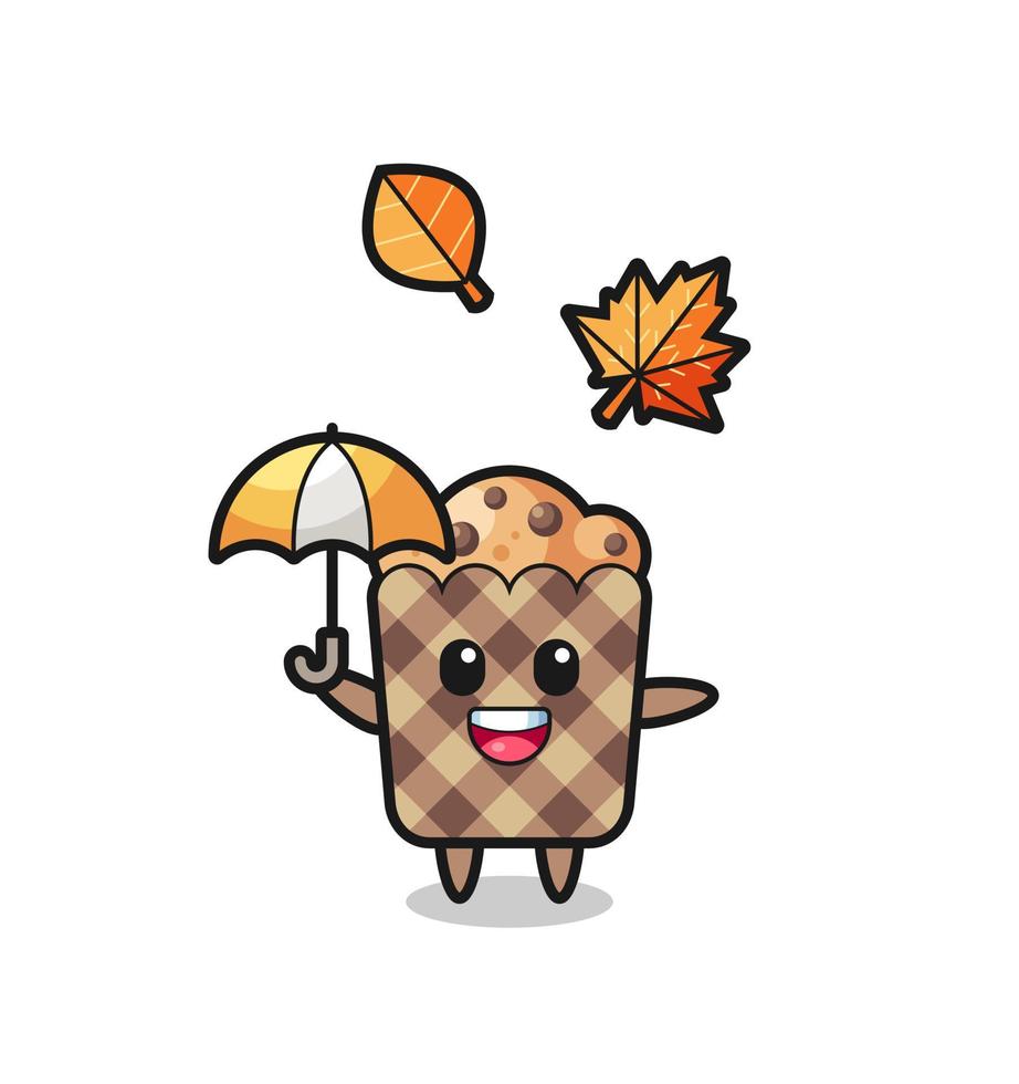 cartoon of the cute muffin holding an umbrella in autumn vector