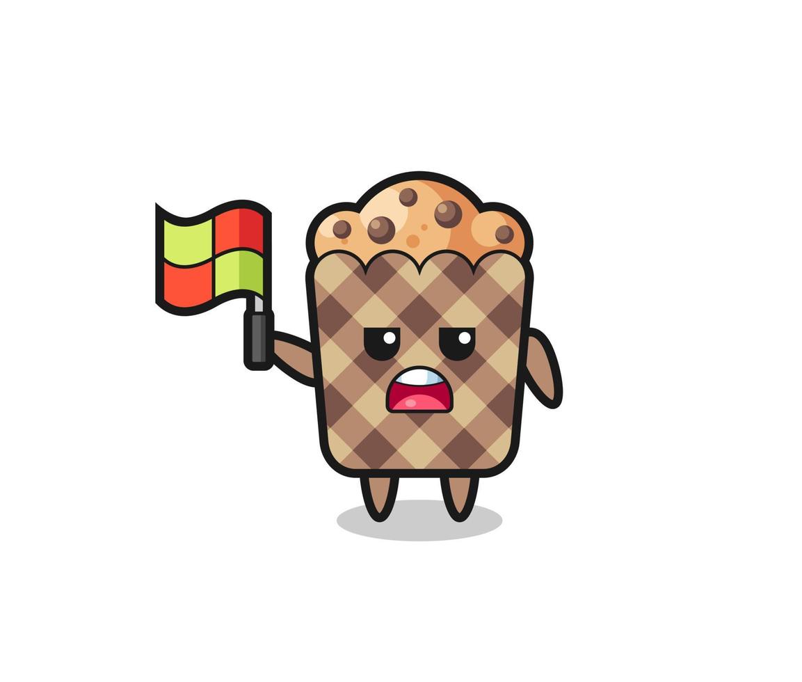 personaje de muffin como juez de línea levantando la bandera vector