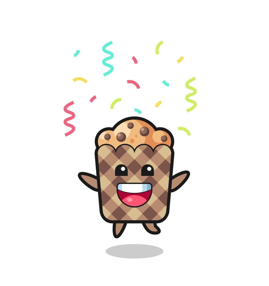 happy muffin mascot jumping for congratulation with colour confetti vector