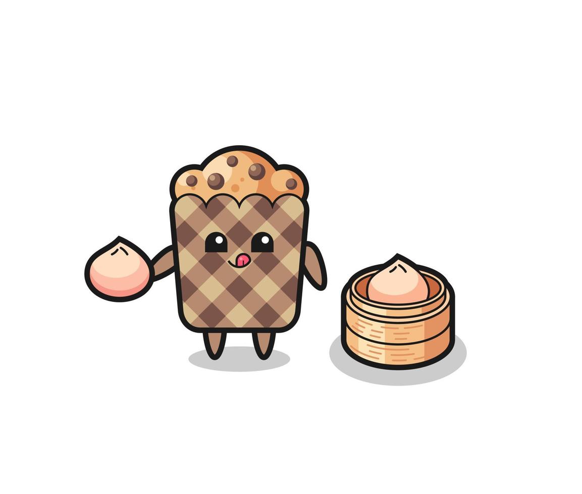 cute muffin character eating steamed buns vector