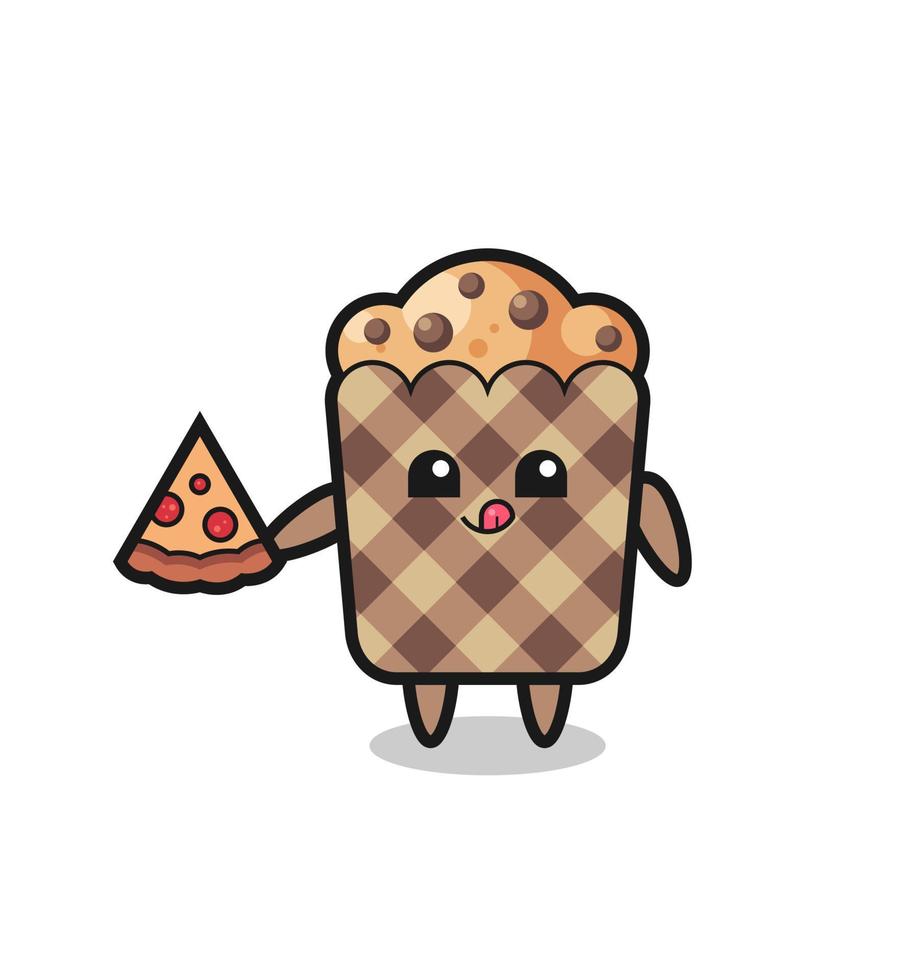 cute muffin cartoon eating pizza vector