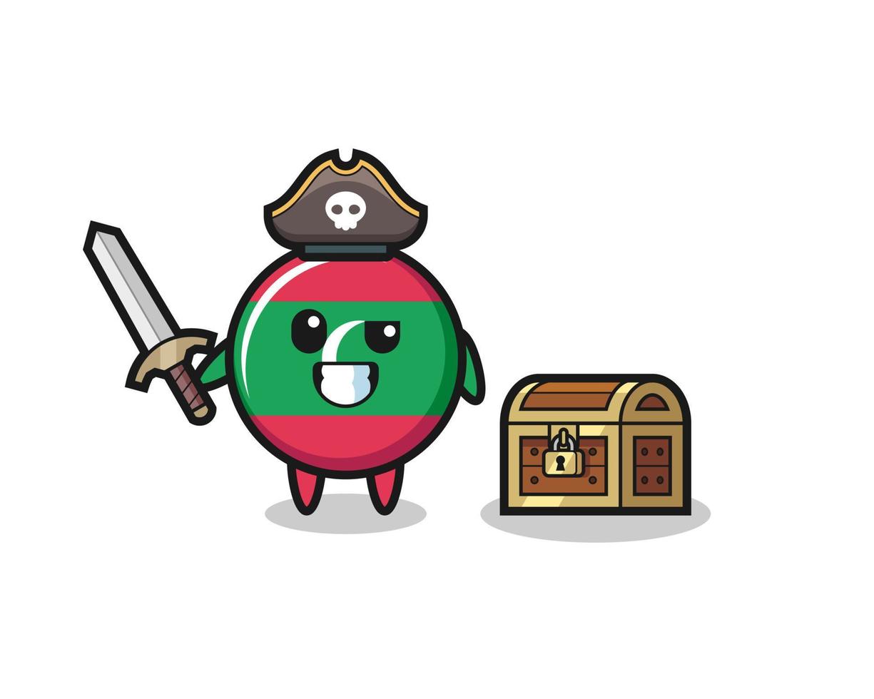 the maldives flag pirate character holding sword beside a treasure box vector