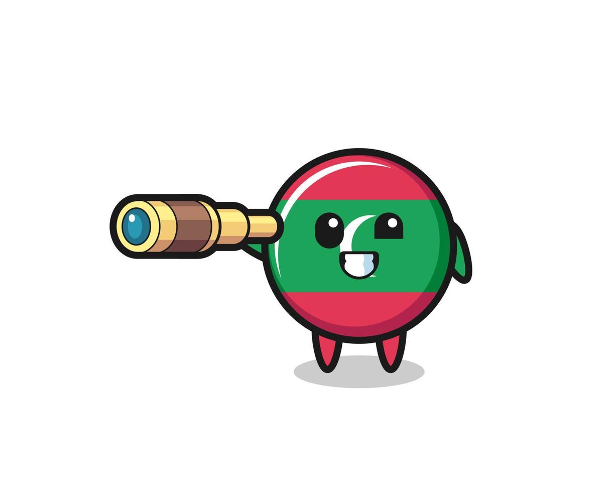 cute maldives flag character is holding an old telescope vector