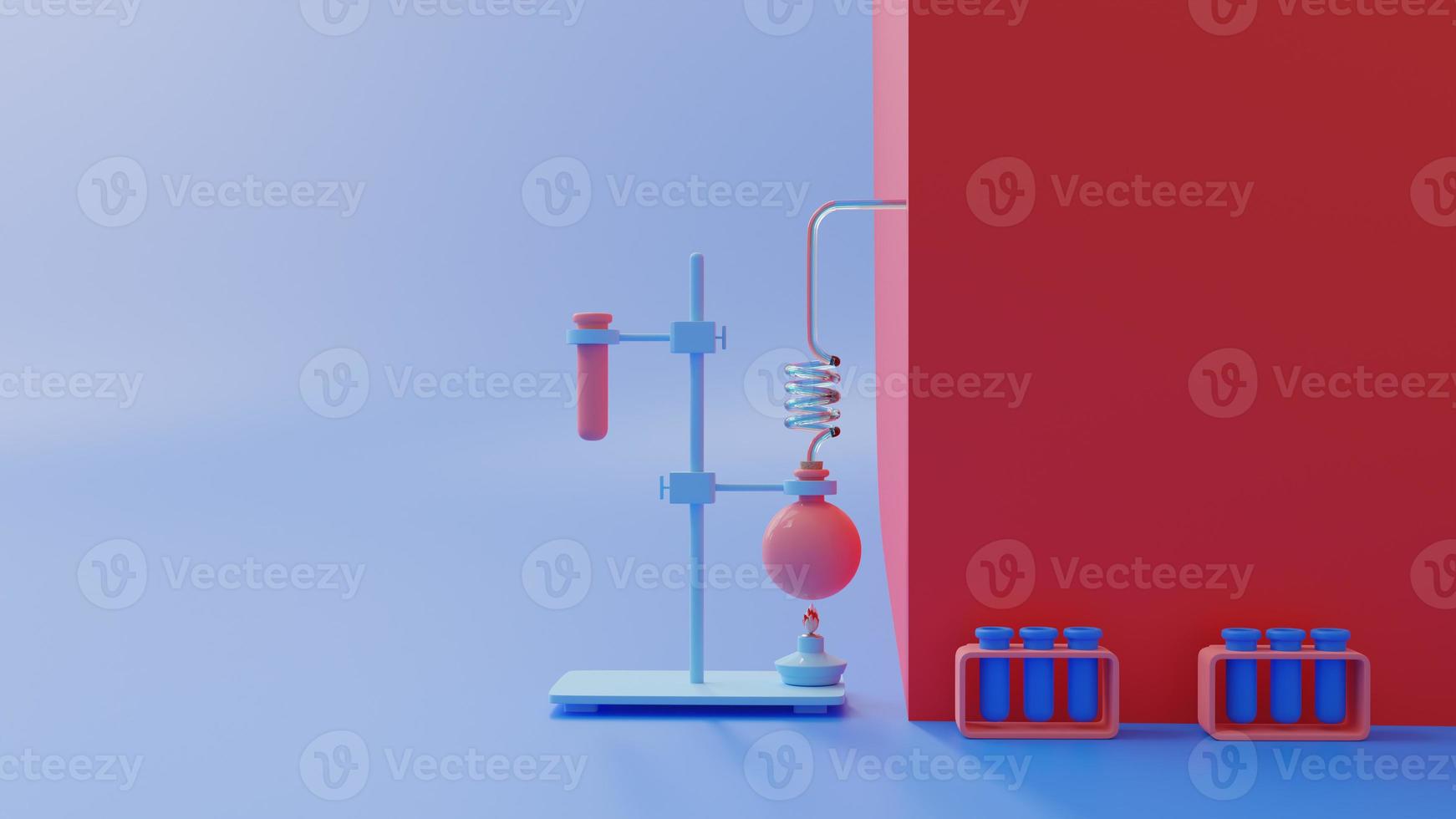 Test tube and lamp on Violet and Magenta background. Space for banner and logo. Science experiment concept, 3D render photo