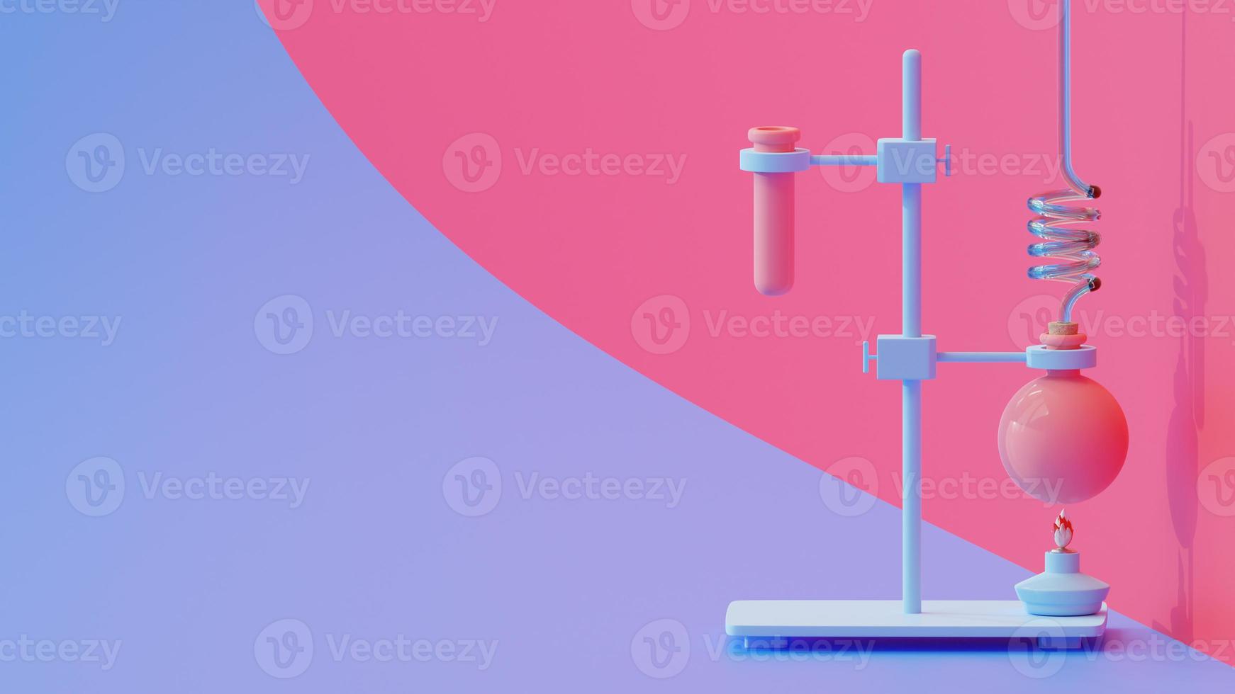 Test tube and lamp on Violet and Magenta background. Space for banner and logo. Science experiment concept, 3D render photo