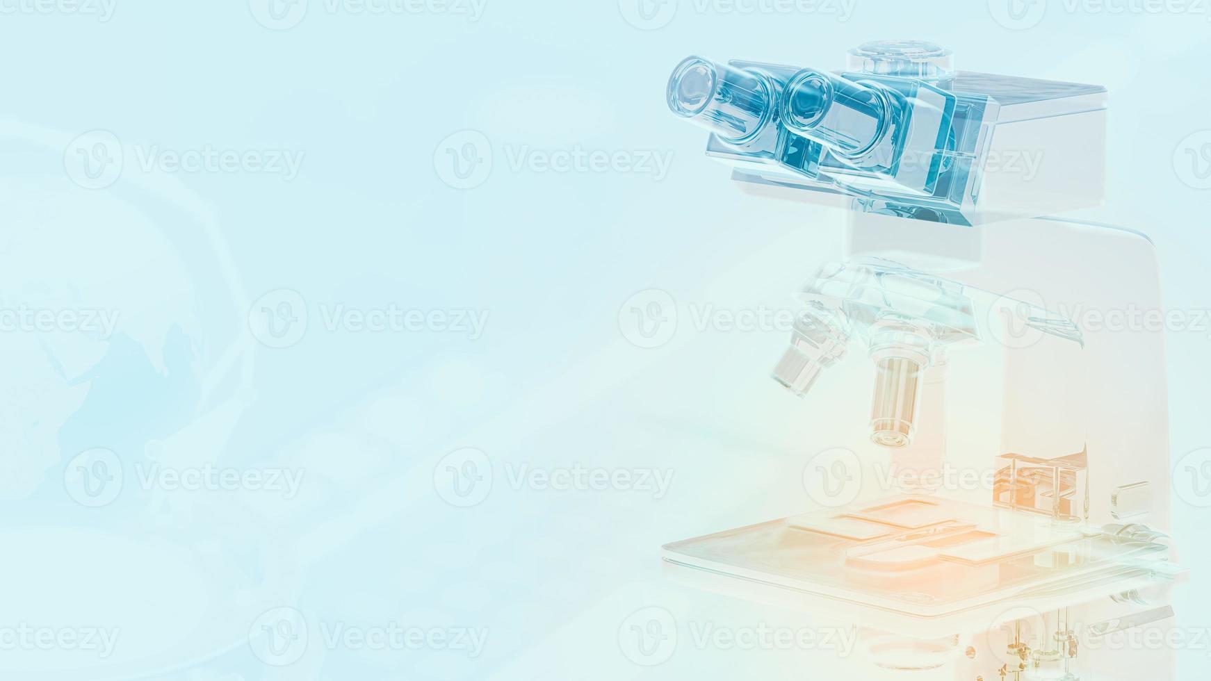 Microscope holographic hologram blue-green color. Orange light on the object platform. Space for banner and logo. Science and Technology background, 3D Render. photo