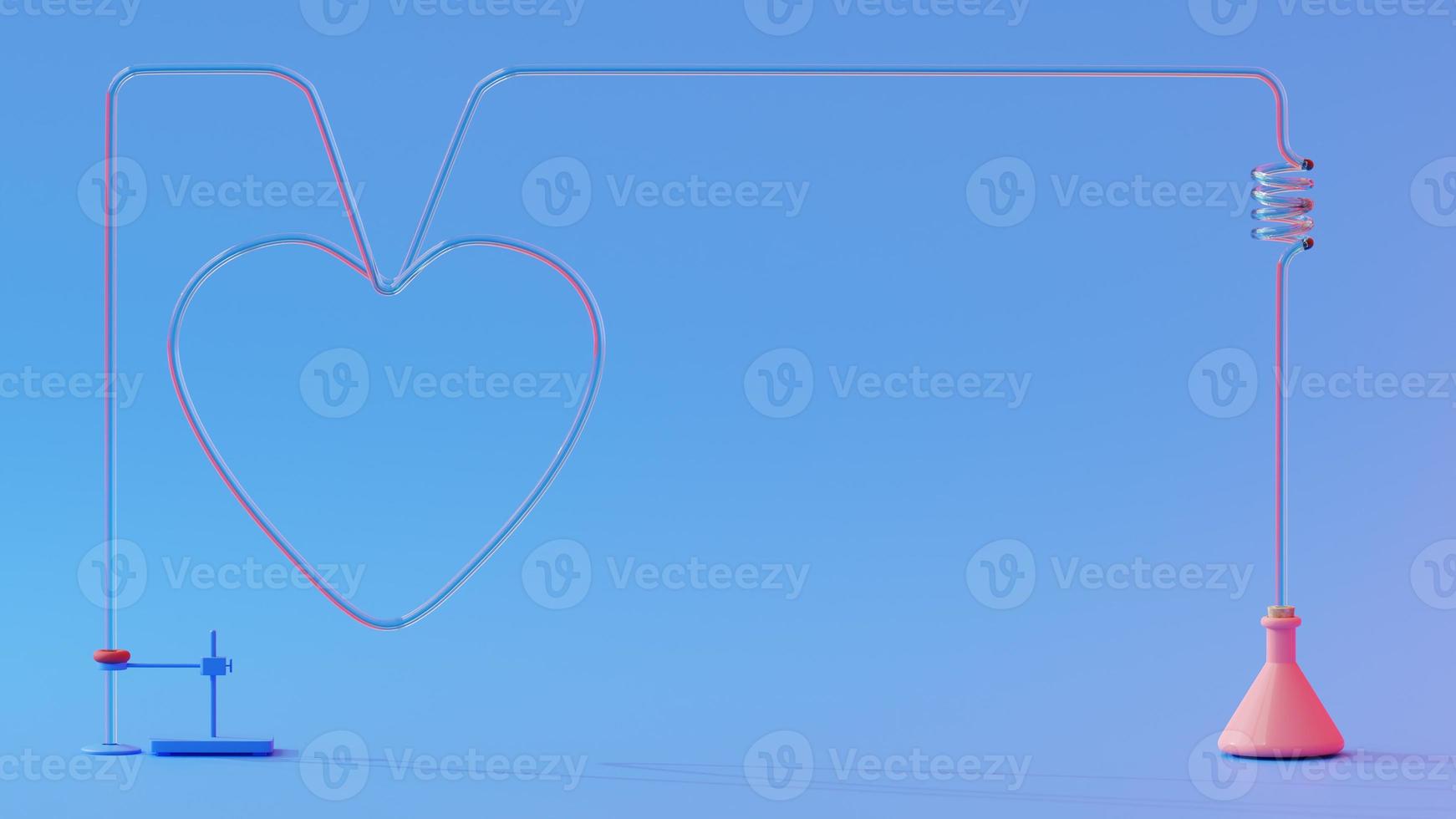 Test tube and lamp and heart shape glass tube on blue background. Heart shape for banner and logo. Science experiment concept, 3D render photo