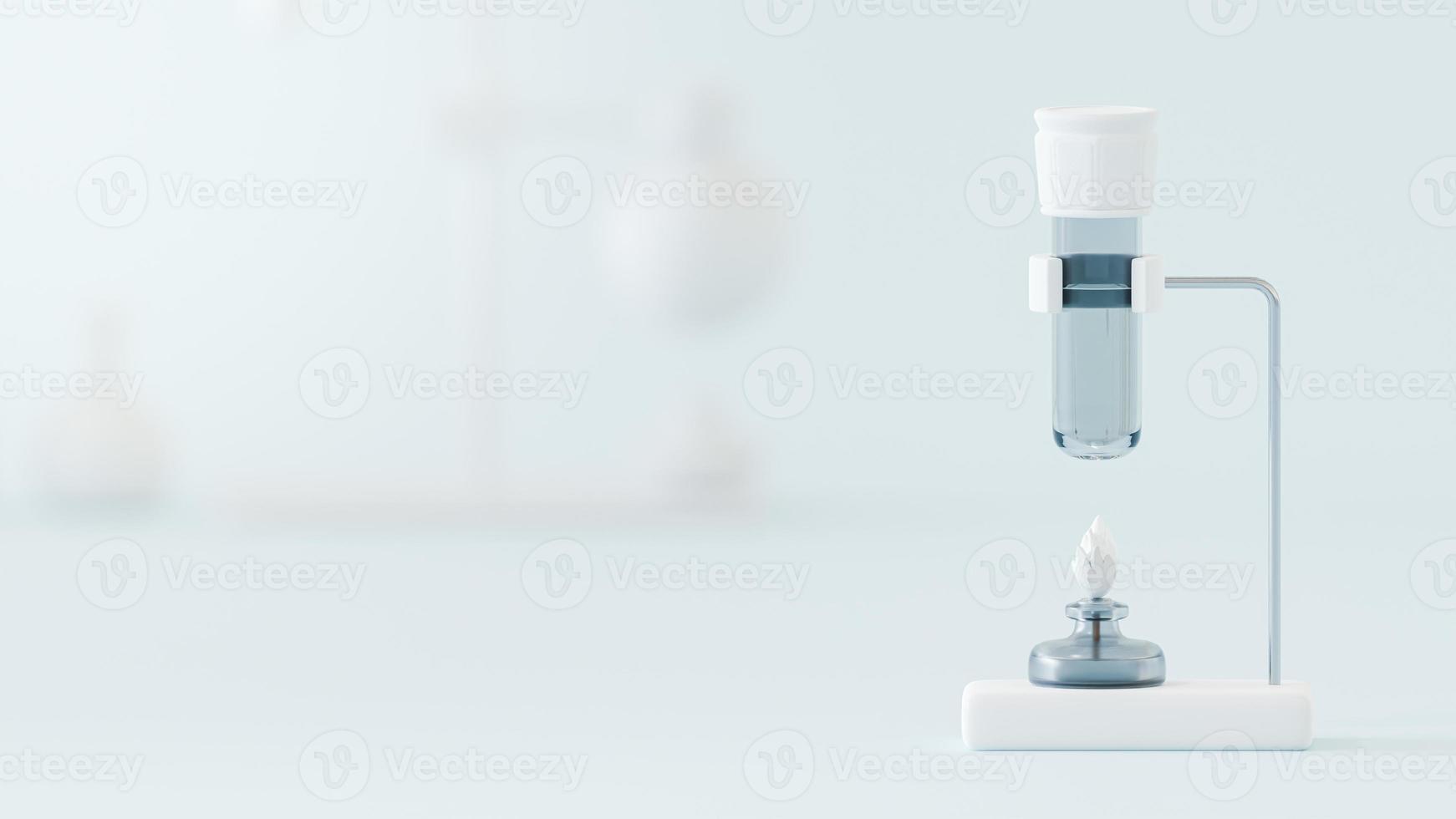 White test tube and lamp on blue-green background in lab. Space for banner and logo. Minimal and pastel tones concept, 3D render photo