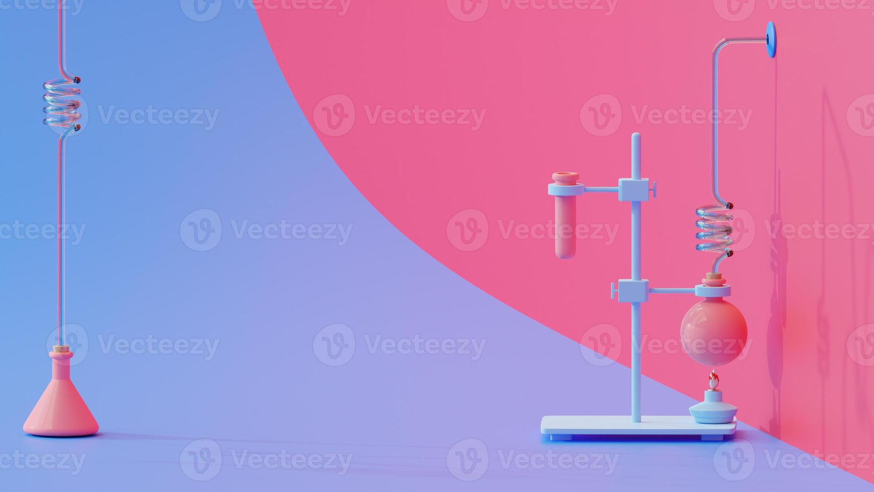 Test tube and lamp on Violet and Magenta background. Space for banner and logo. Science experiment concept, 3D render photo