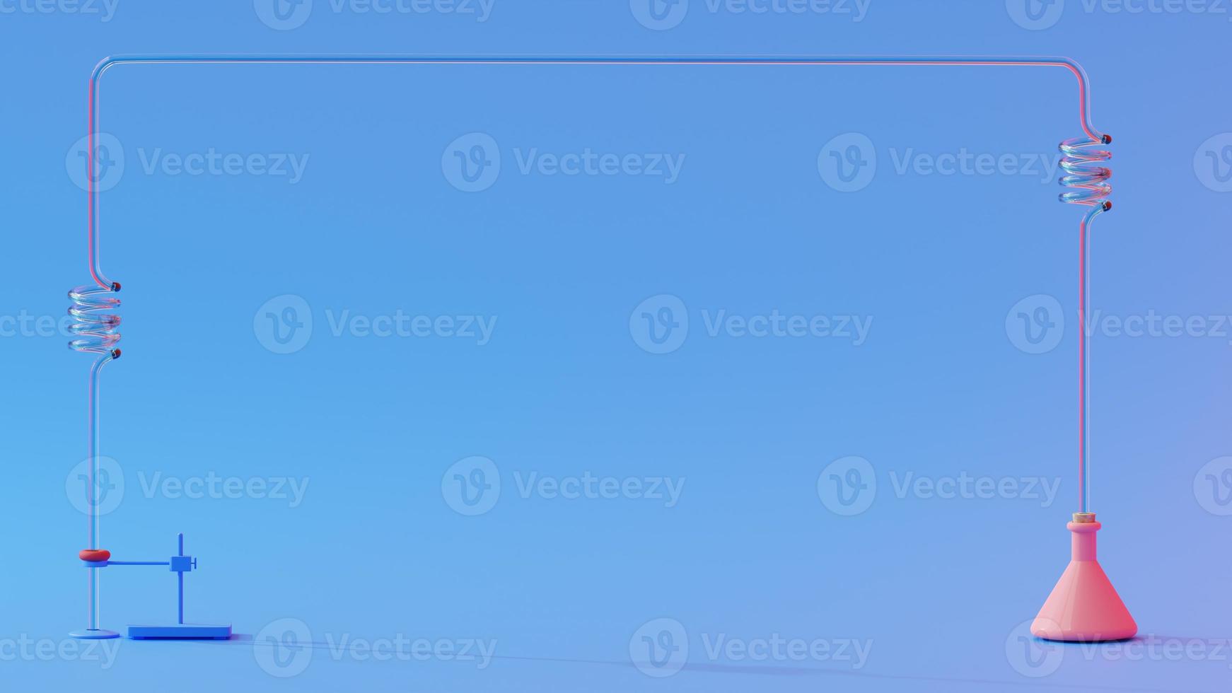 Test tube and lamp on blue background. Space for banner and logo. Science experiment concept, 3D render photo