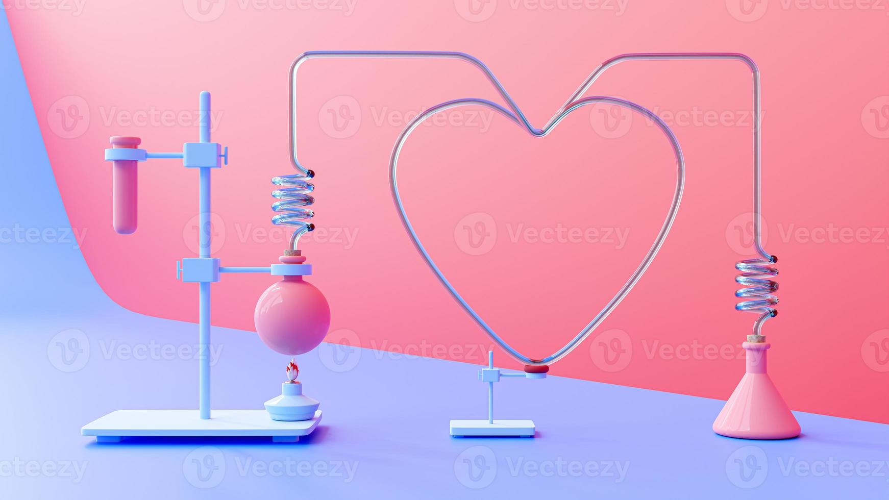 tubo de ensayo y lámpara y tubo de vidrio con forma de corazón sobre fondo violeta y magenta. forma de corazón para banner y logo. concepto de experimento científico, render 3d foto