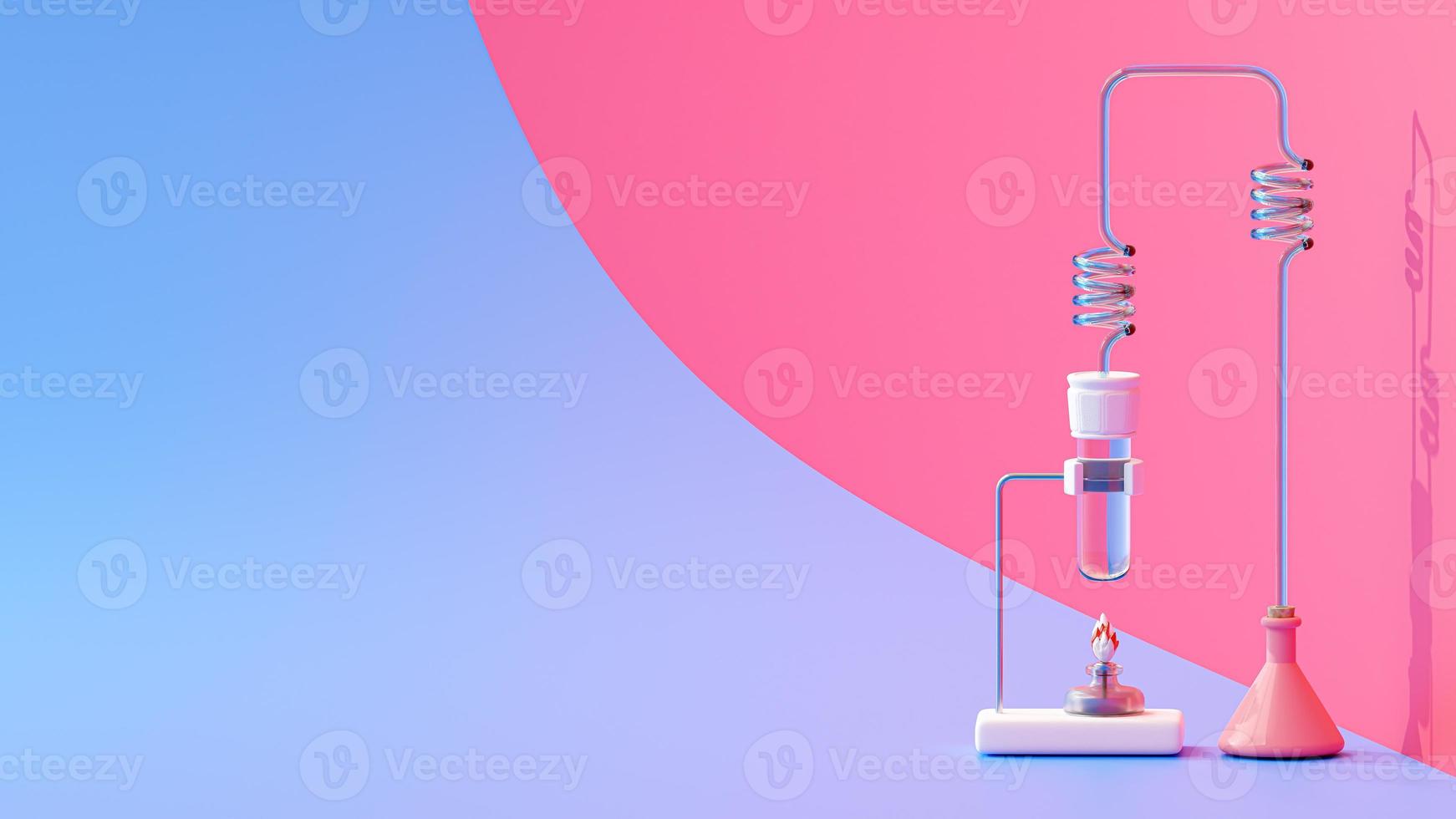 tubo de ensayo y lámpara sobre fondo violeta y magenta. espacio para banner y logo. concepto de experimento científico, render 3d foto