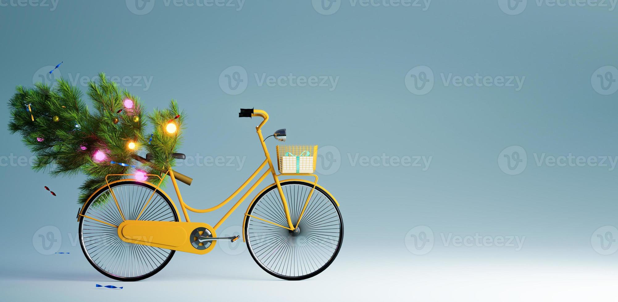 árbol de navidad en bicicleta vintage amarilla, concepto de feliz navidad foto