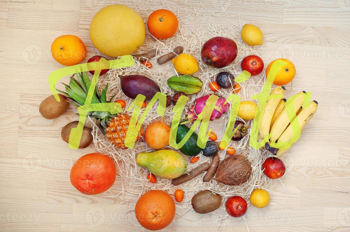 Exotic fruits with fruits sign. Healthy eating dieting food background. photo