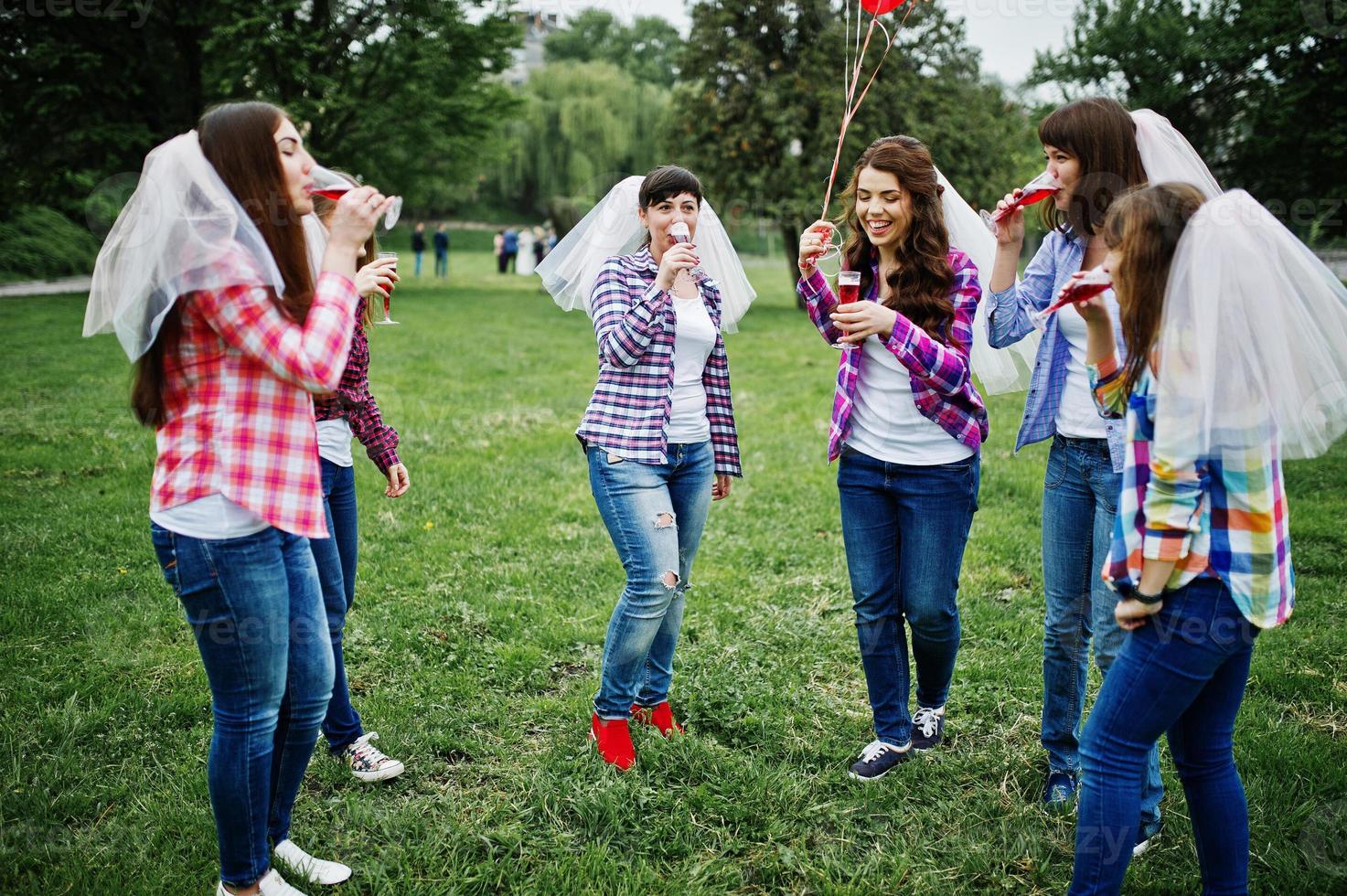 Six girls at checkered shirts drinking champagne on hen party. Group of happy girls. photo