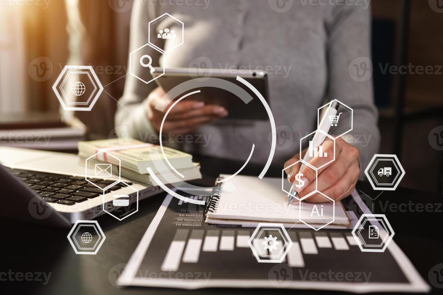 Businesswoman working with smart phone and laptop and digital tablet computer in  office with digital marketing media  in virtual icon photo