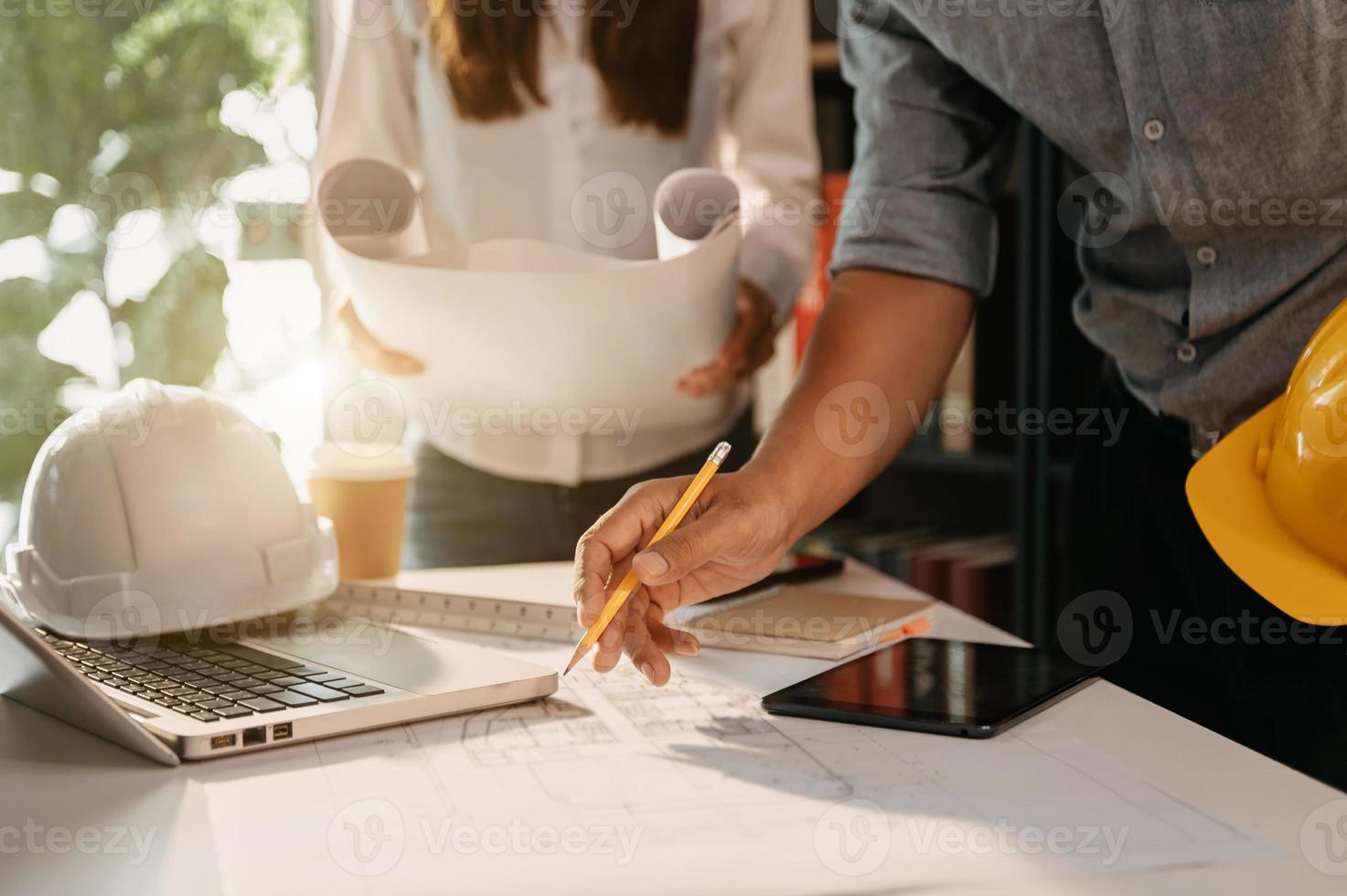Engineer teamwork. Image of engineer meeting for architectural project. photo