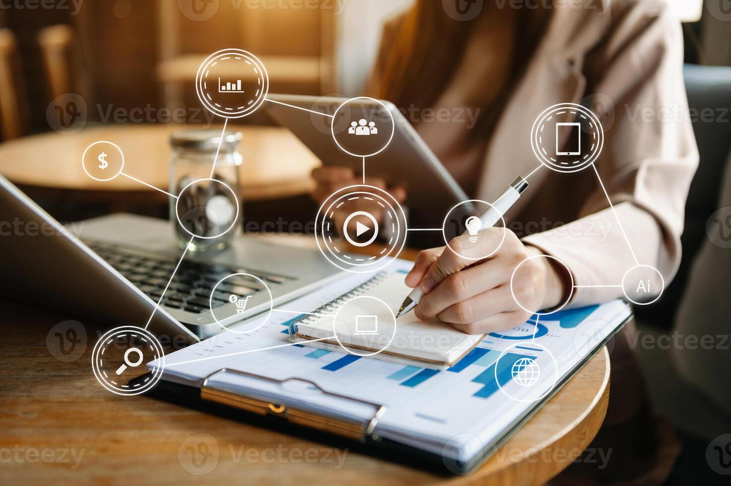 Businesswoman working with smart phone and laptop and digital tablet computer in  office with digital marketing media photo
