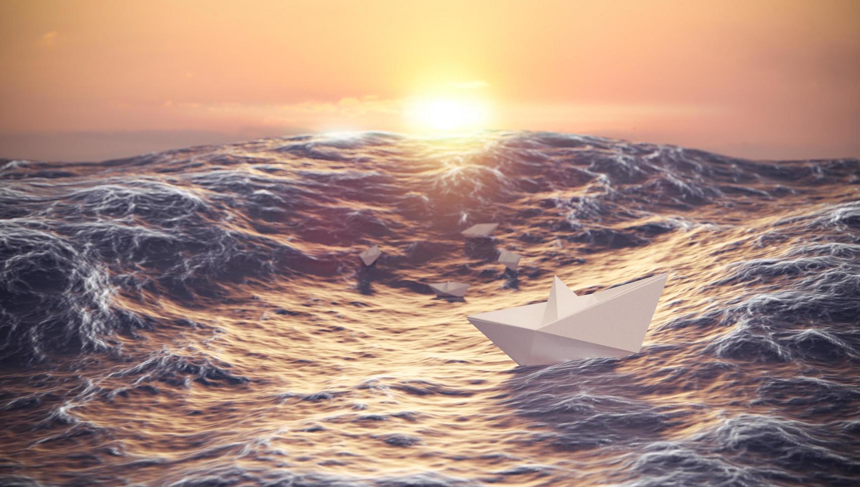 sunset with paper boat fighting wave in ocean, leadership and business concept photo