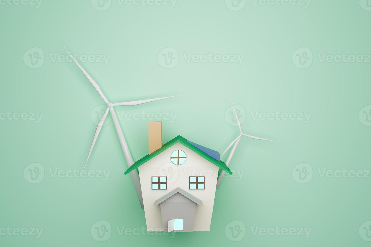 house model and wind turbines on green background, environment concept photo
