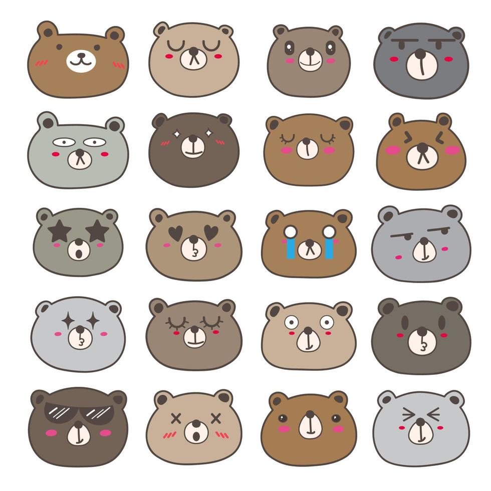 Set of bear face emoticons, Cute bear character design. Vector illustration.