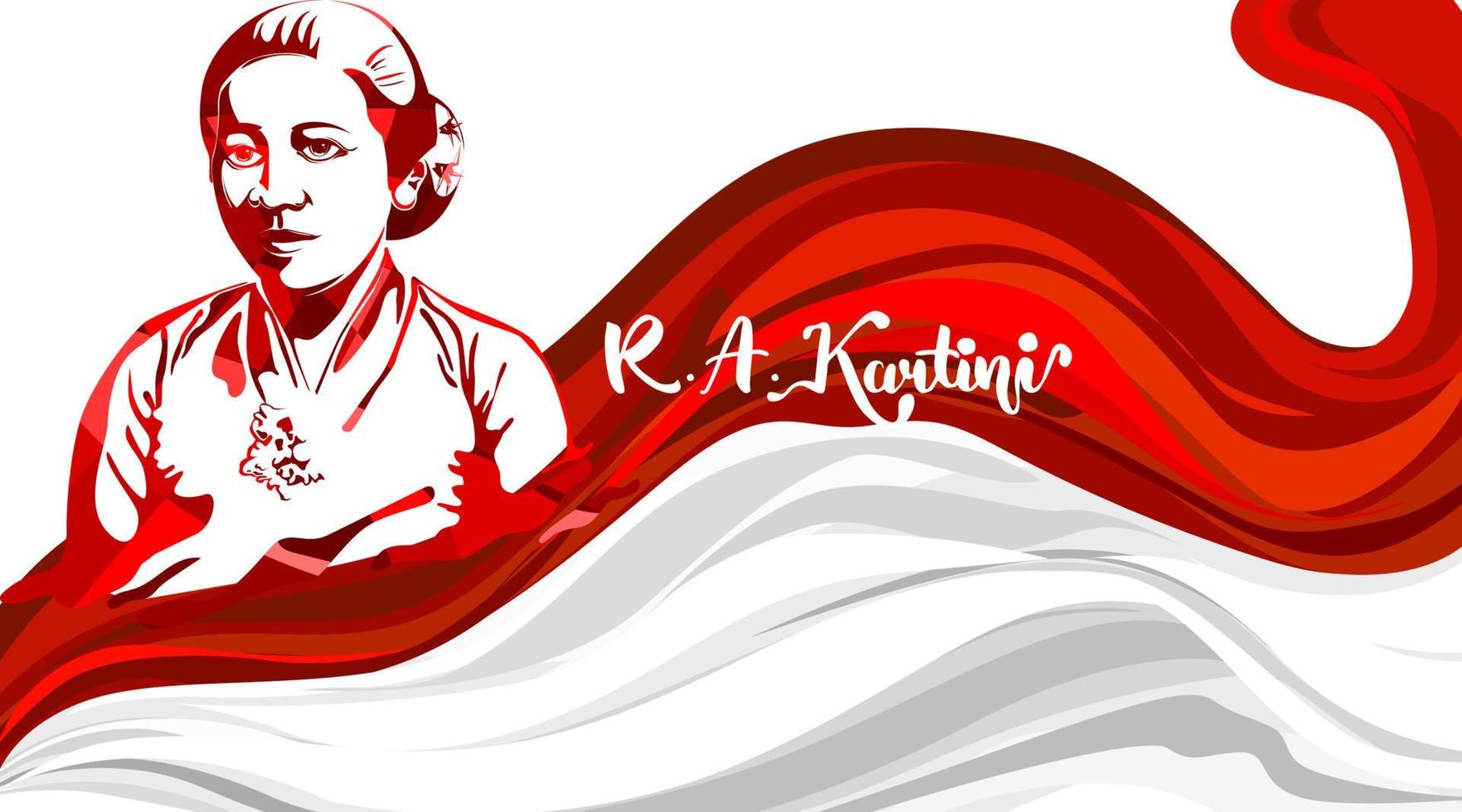 Raden Adjeng Kartini the heroes of women and human right in Indonesia. Pop art with waving flag background. - Vector