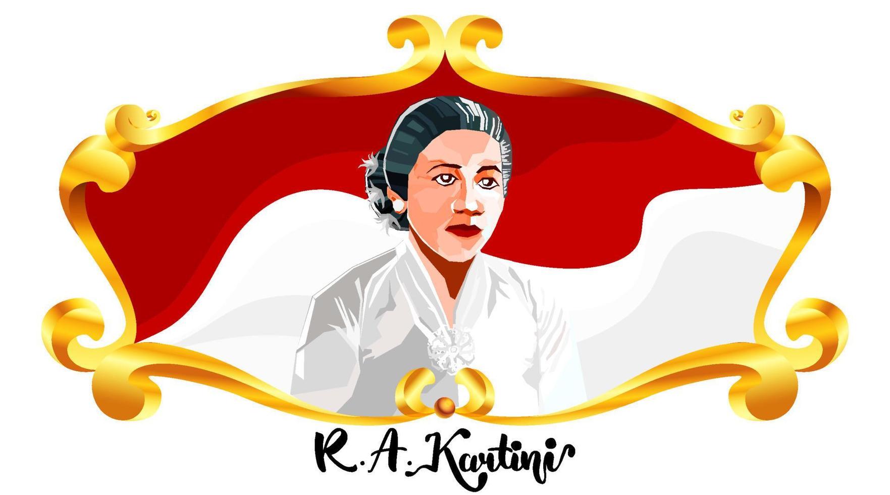 Raden Adjeng Kartini the heroes of women and human right in Indonesia with traditional wood carving ornament. - Vector