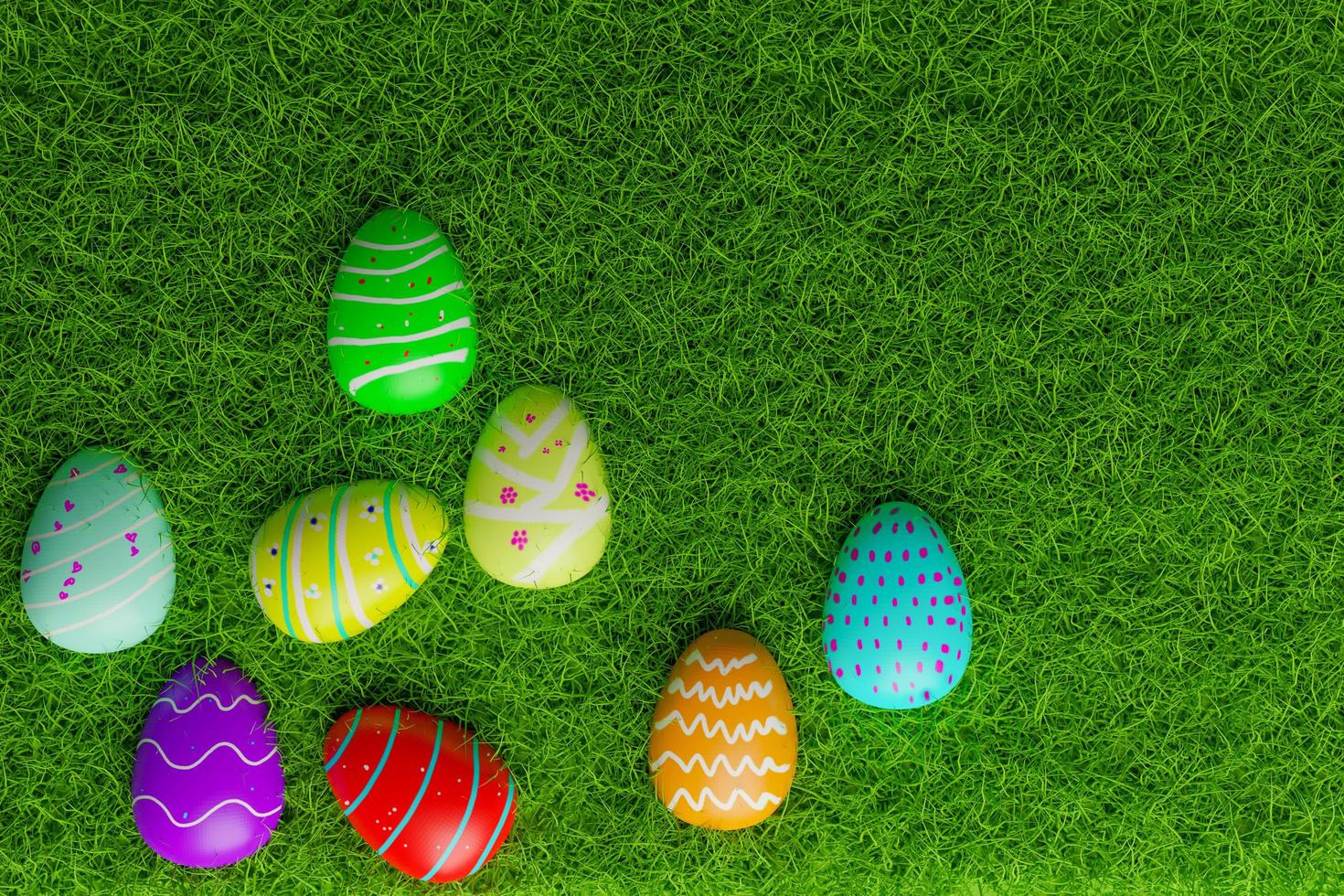 top view of full  color  easter eggs on grass field, photo
