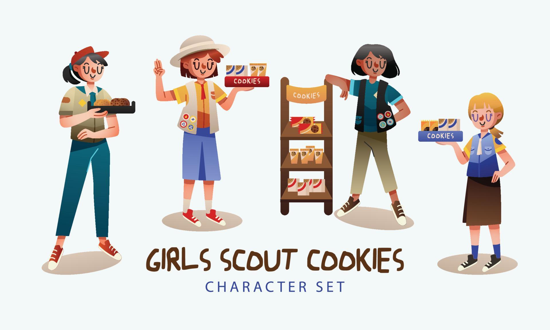 conjunto de caracteres de galletas de niñas exploradoras vector