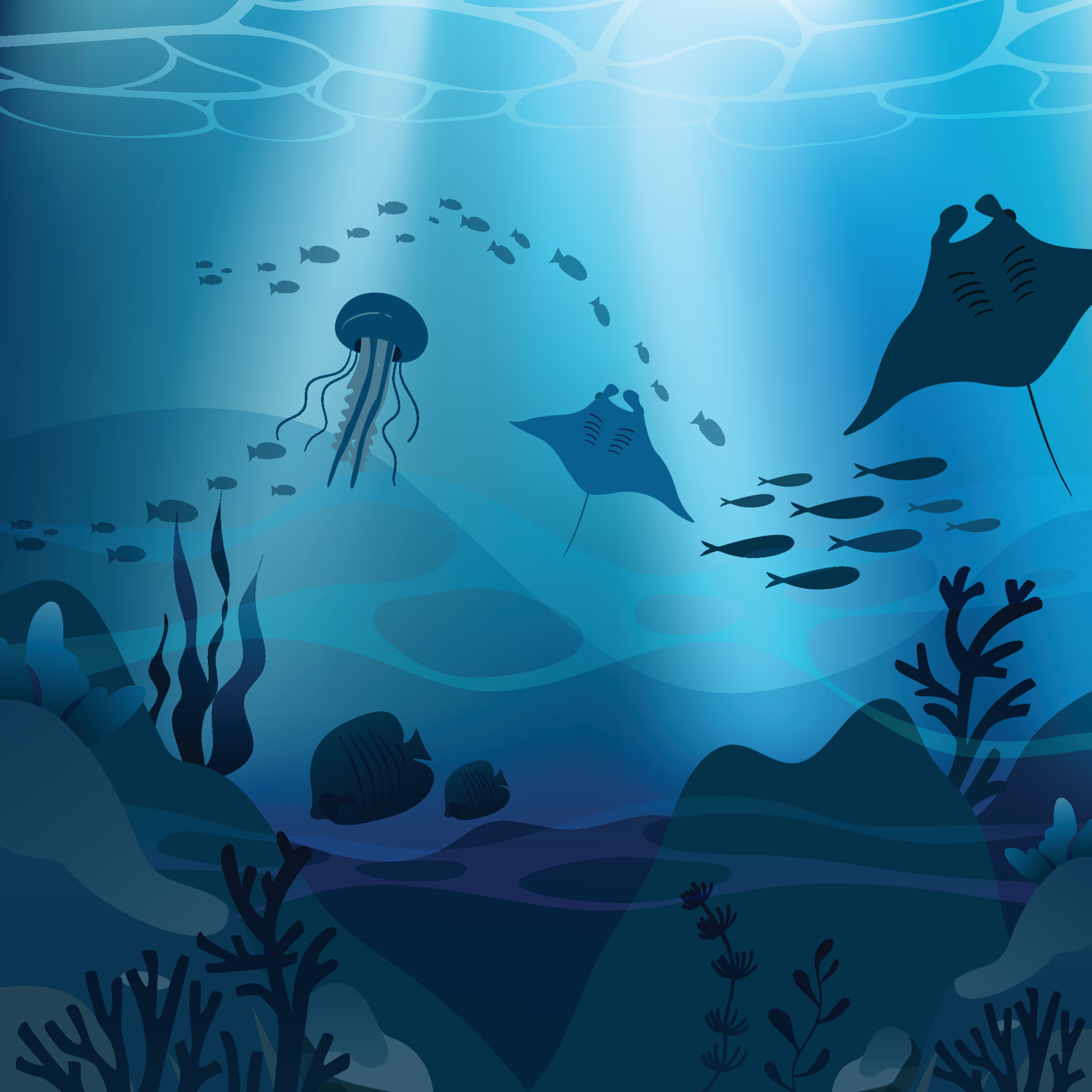 Hình nền đại dương sâu xanh đem lại cho bạn cảm giác tinh thần sâu sắc. Từ những tia sáng xuyên qua đáy đại dương và những đại dương sâu thẳm thân thuộc nơi sinh sống của các loài sinh vật khác nhau, đây là lựa chọn tuyệt với cho những người yêu thích tự nhiên và môi trường.
