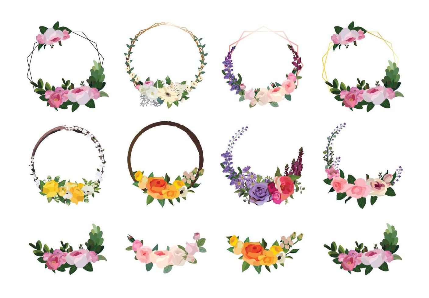 Set of beautiful flower wreath, floral frames set. Vector illustration.