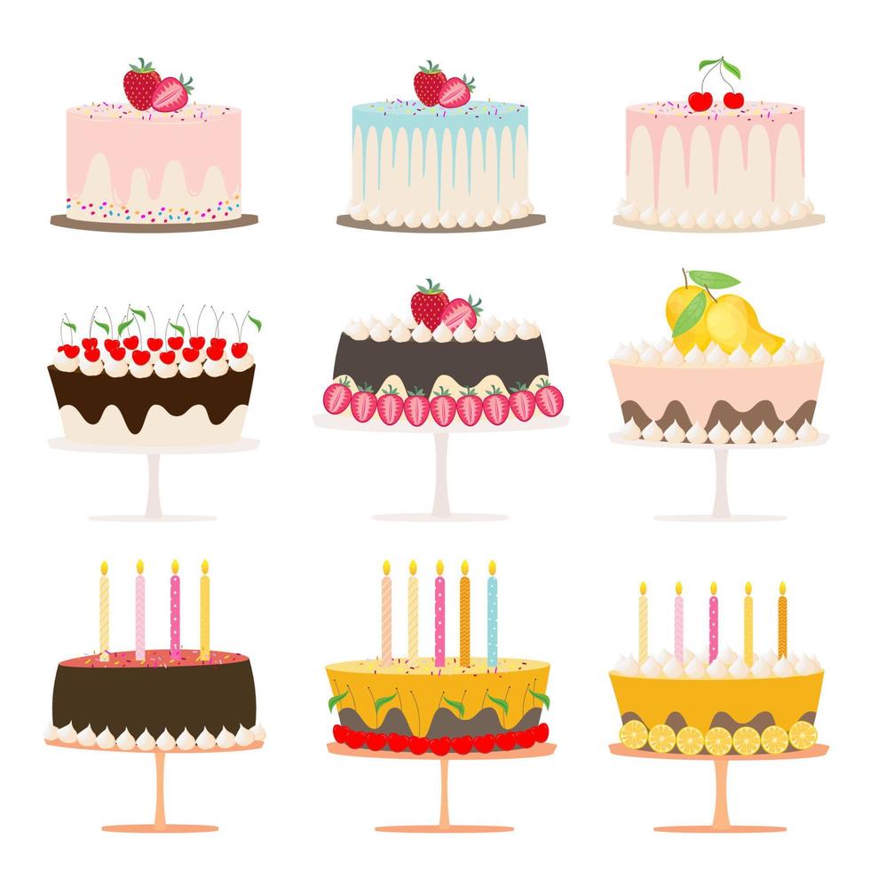 Set of birthday cakes, Sweet collection on white background. Vector illustration.