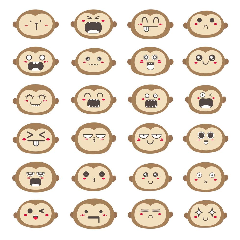 Set of monkey face emoticons, Cute monkey character design. Vector illustration.