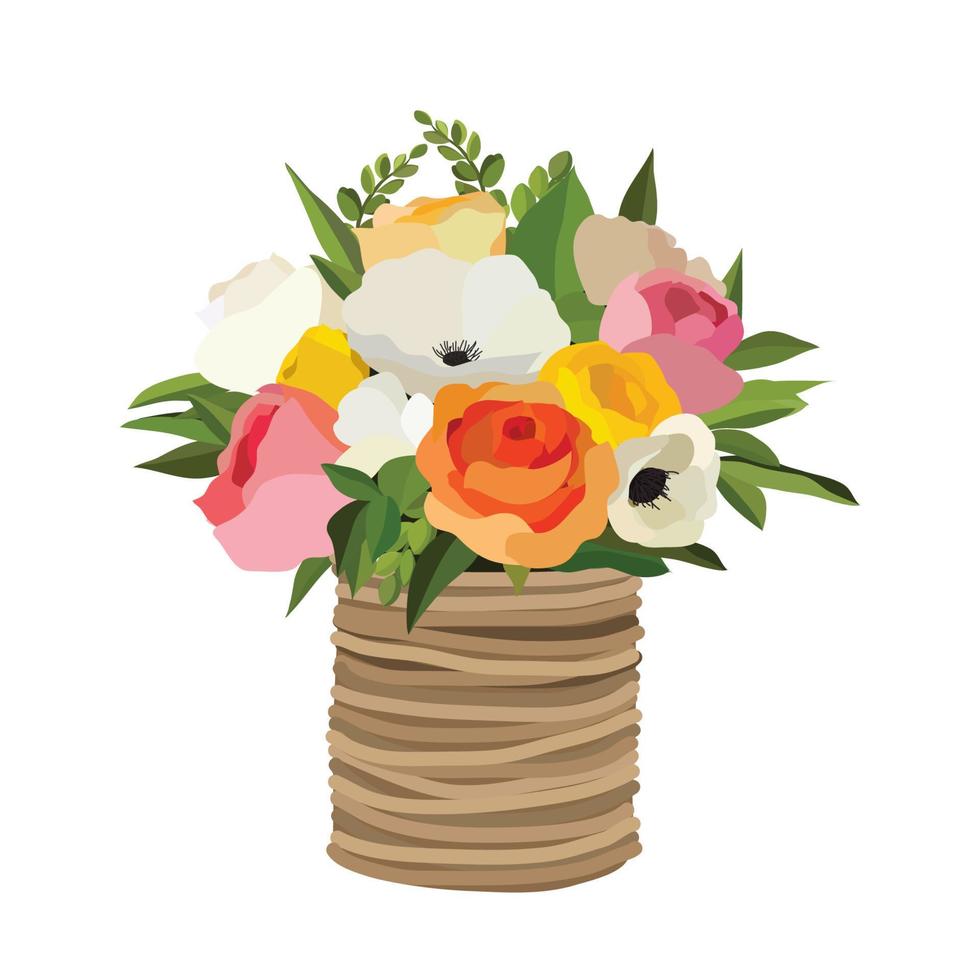 Beautiful bouquet with garden flowers. Floral decoration for gift. Vector Illustration.