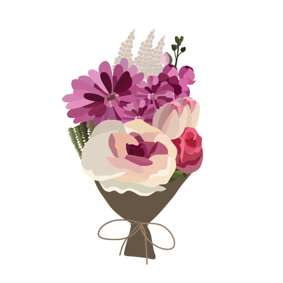 Beautiful bouquet with garden flowers. Floral decoration for gift. Vector Illustration.