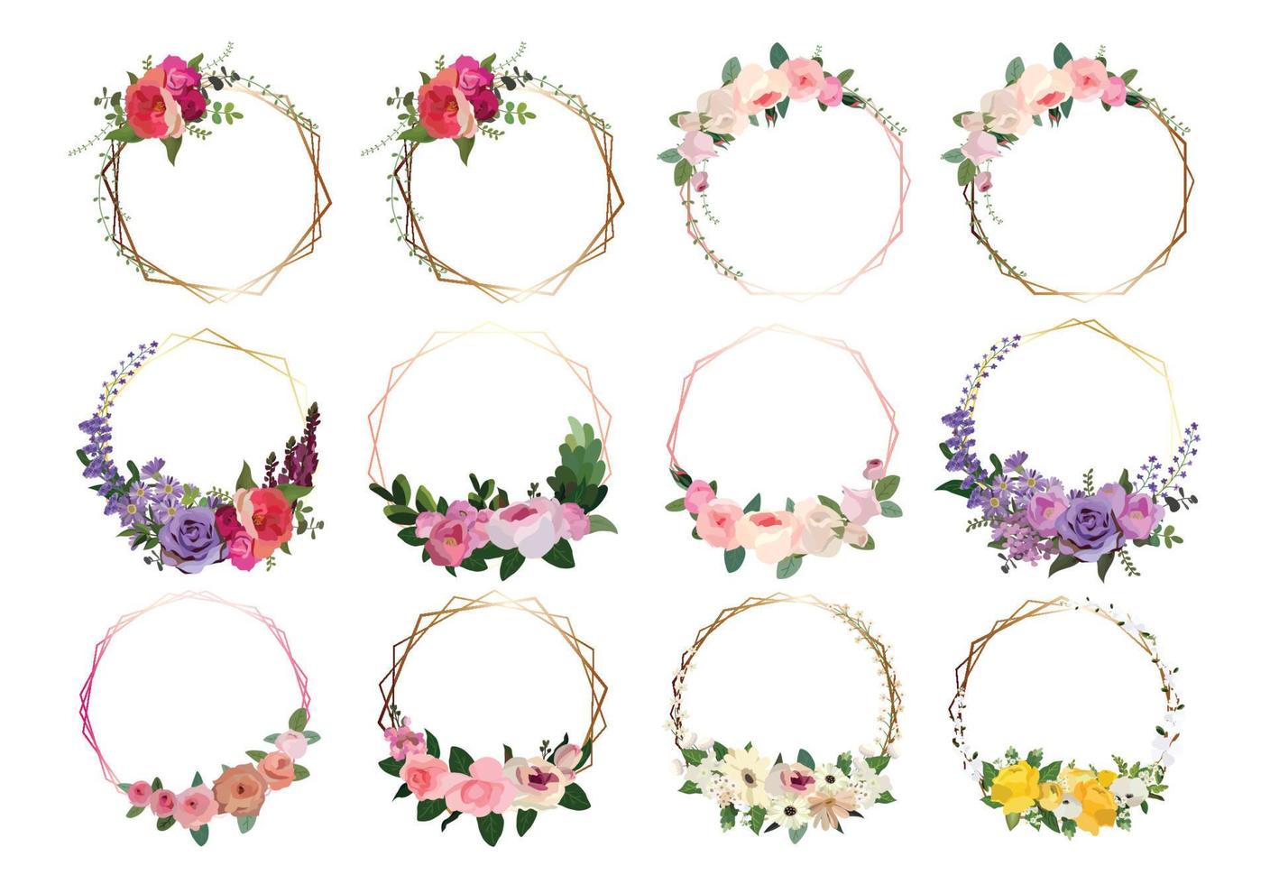 Set of beautiful flower wreath, floral frames set. Vector illustration.