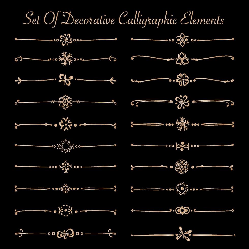 Set Of Golden Decorative Calligraphic Elements For Decoration. Handmade Vector Illustration.