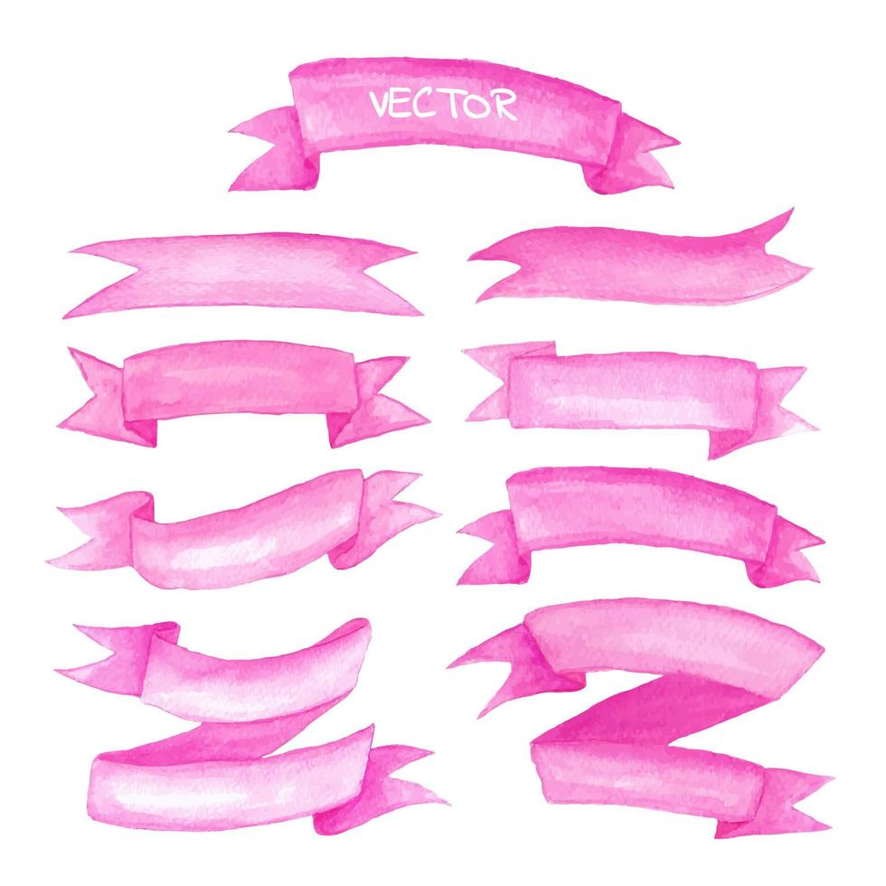 Watercolor ribbons and label elements set. Hand drawn vector illustration.