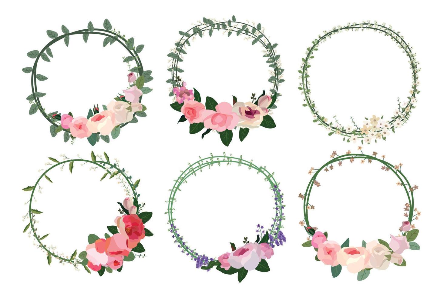 Set of beautiful flower wreath, floral frames set. Vector illustration.