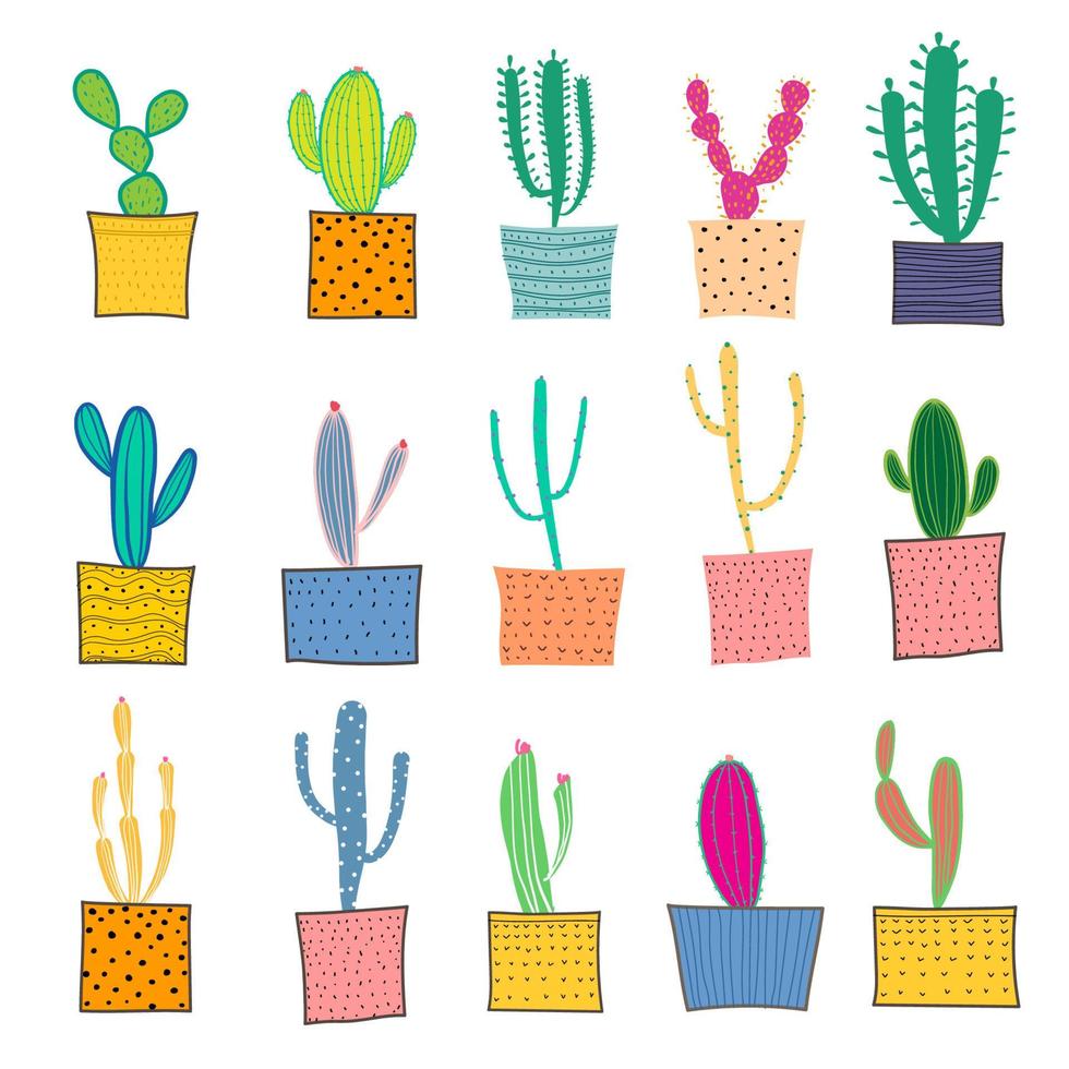 cactus dibujados a mano en las macetas. ilustración vectorial vector