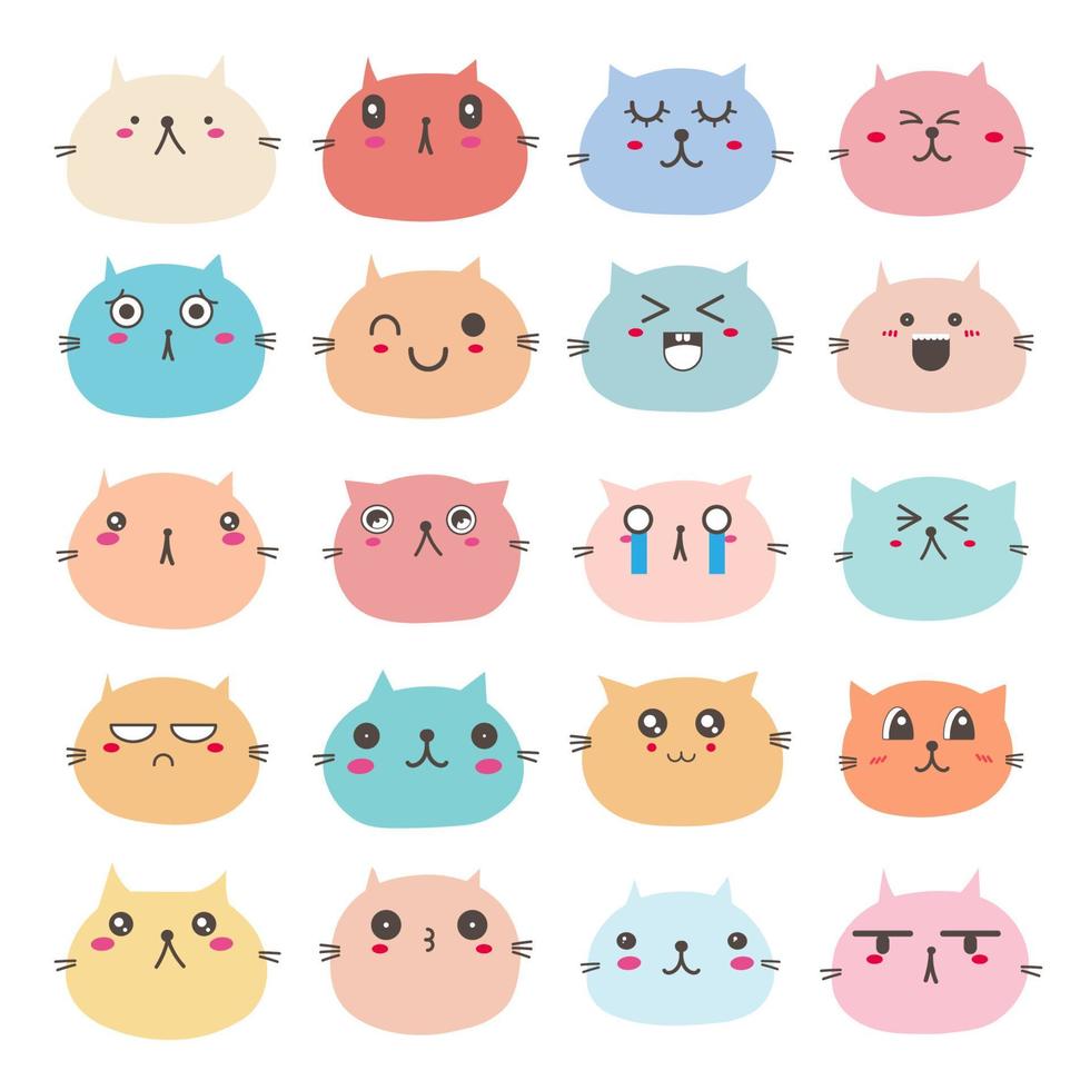 Set of cat face emoticons, Cute cat character design. Vector illustration.