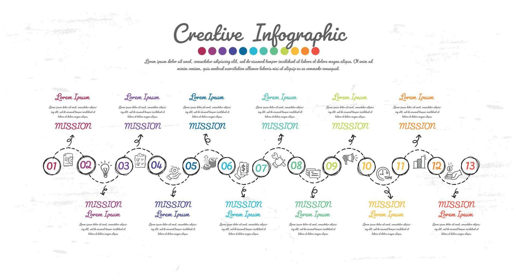 Infographic design Hand drawing style 13 option for Presentation Timeline. vector