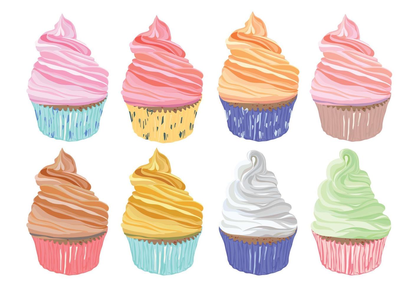 conjunto de coloridos cupcakes de dibujos animados aislados para su diseño. ilustración vectorial vector