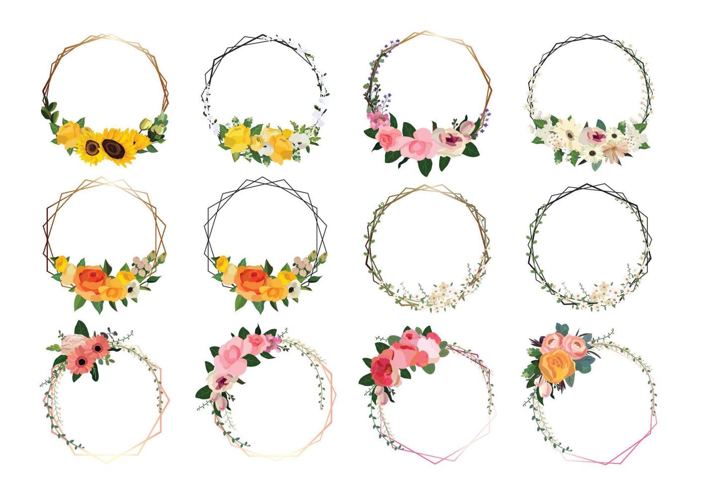 Set of beautiful flower wreath, floral frames set. Vector illustration.