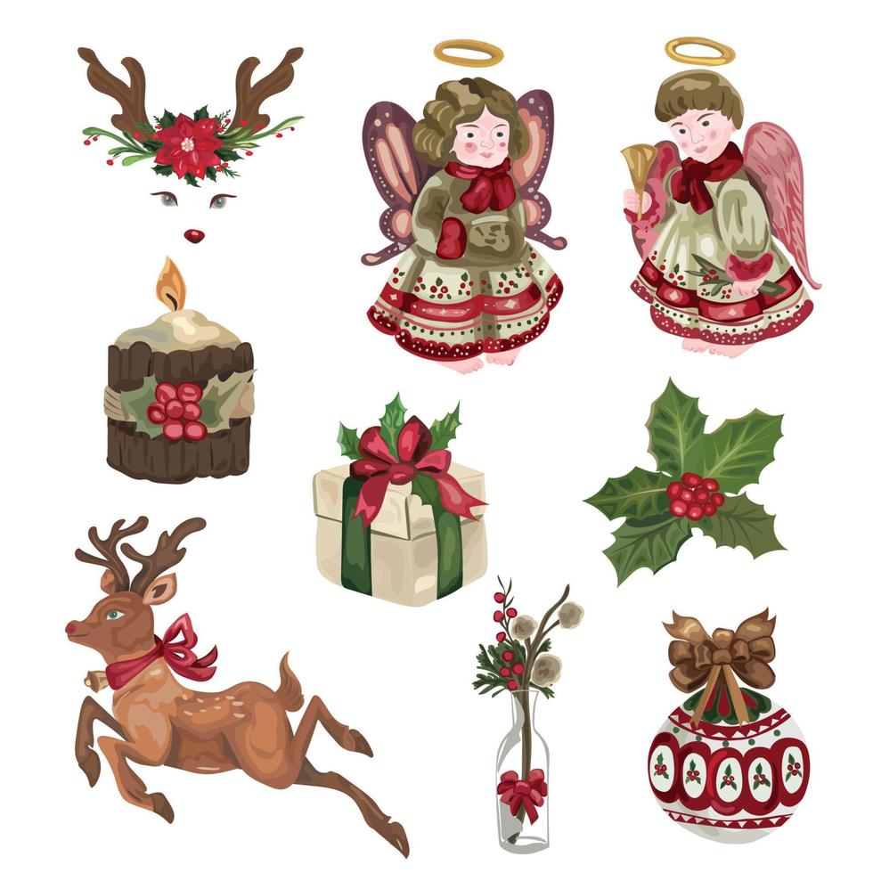 Christmas decorative elements set. Vector Illustrations on a white background.