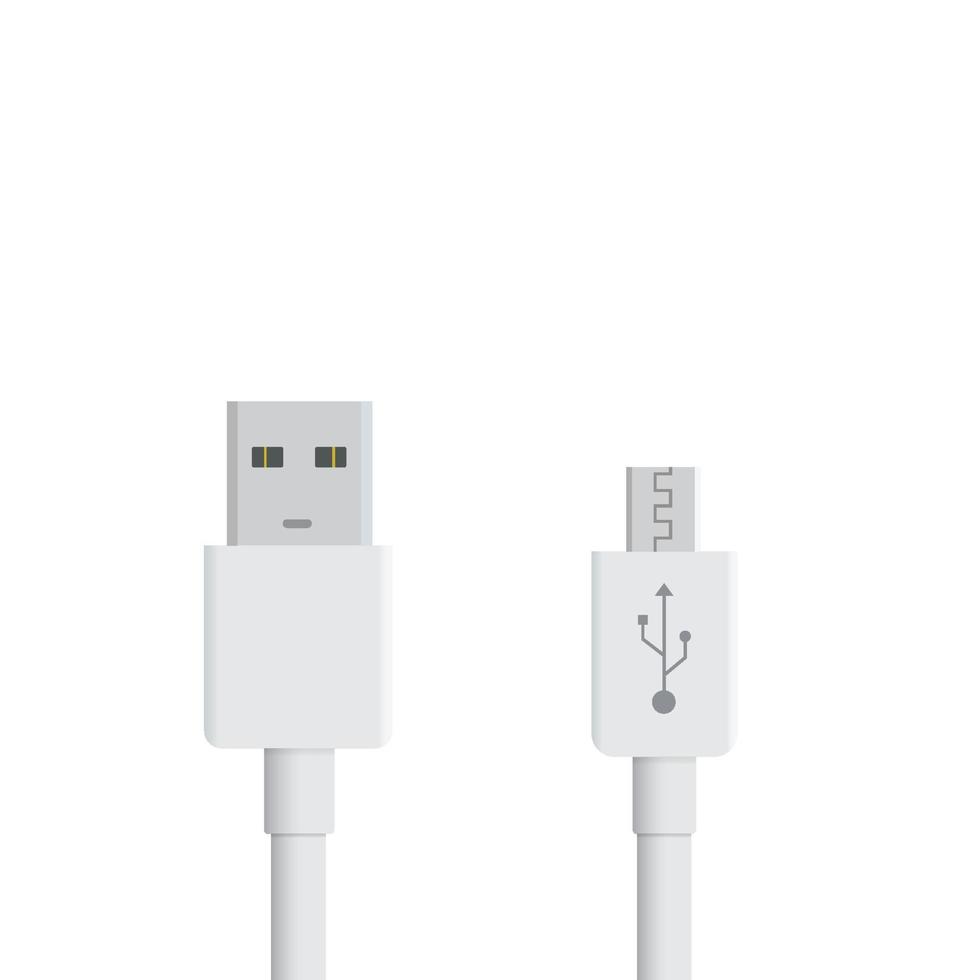 White micro USB cables on white background. Connectors and sockets for PC and mobile devices. Computer peripherals connector or smartphone recharge supply vector