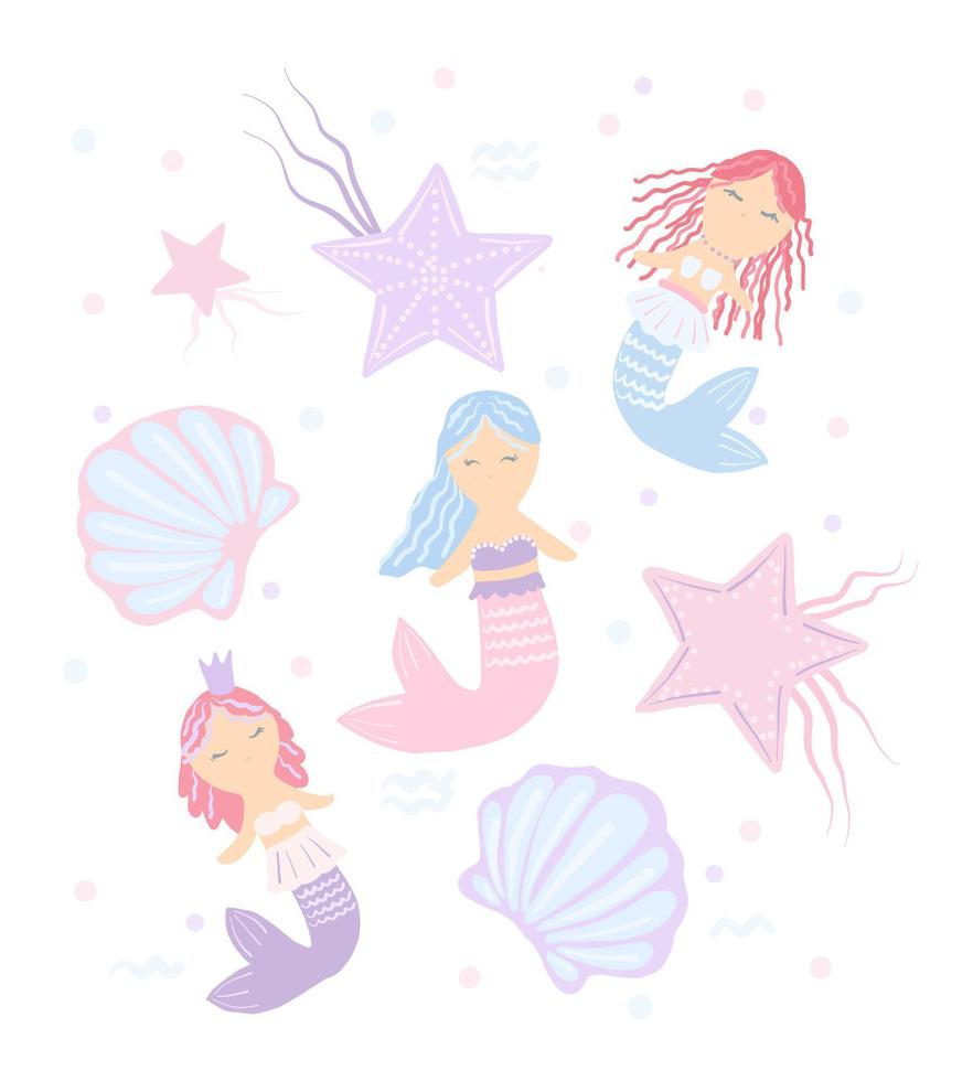 Set with mermaids with colored hair. Marine theme. Sea fairy-tale characters. vector