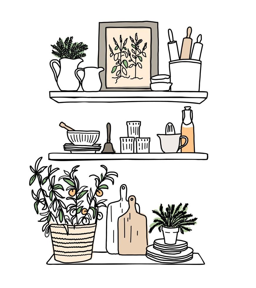 estantes de cocina con utensilios en estilo doodle. conjunto de elementos dibujados a mano. vector