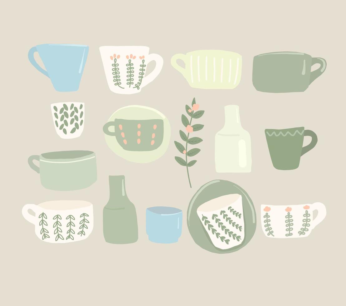 Set of ceramic cups. Green and white cups with floral elements. Ceramic tableware. vector